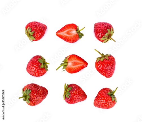 Red strawberry isolated on white background. top view