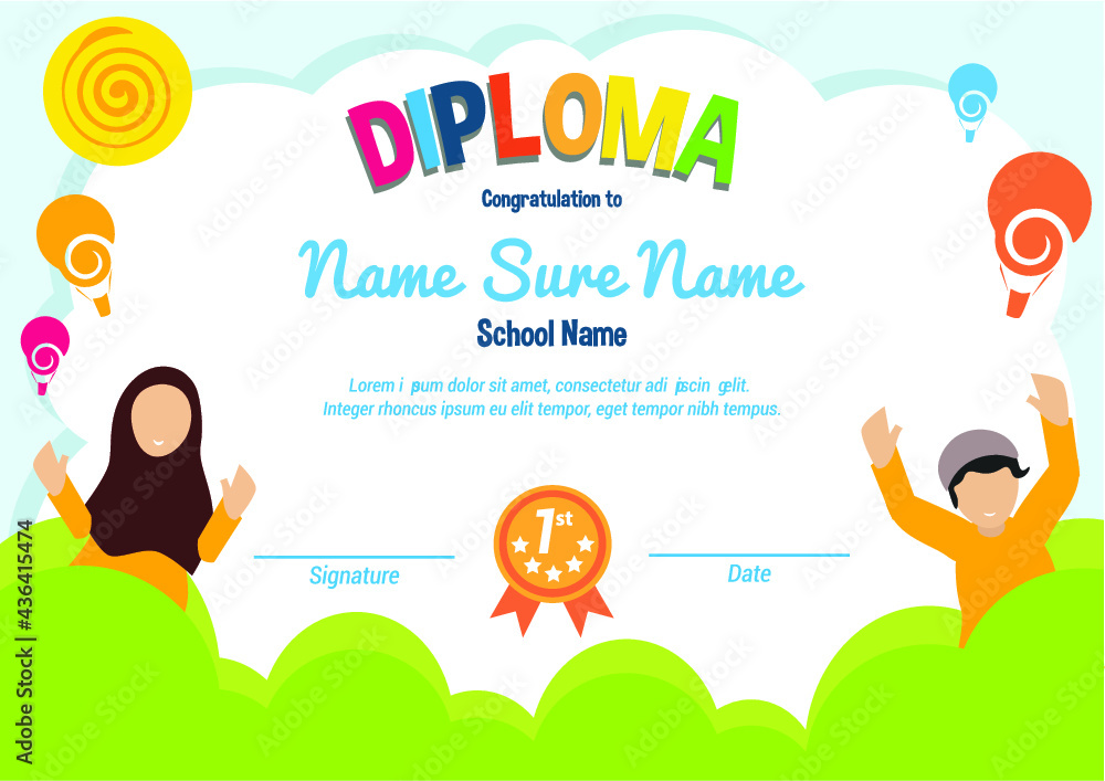 School diploma template certificate kids Muslim with flying balloon grass sun award appreciation
