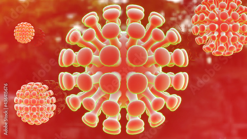 The 3D rendering illustration picture of -19 virus cell floating in the red background. © ithipone