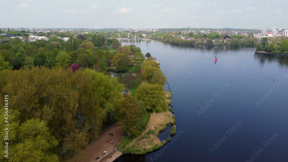 Alster Park at River Alster Lake in Hamburg from above - aerial photography