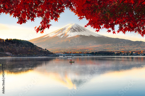 Fuji Mountain Reflection and Red Maple Leaves with Morning Mist in Autumn, Kawaguchiko Lake, Japan