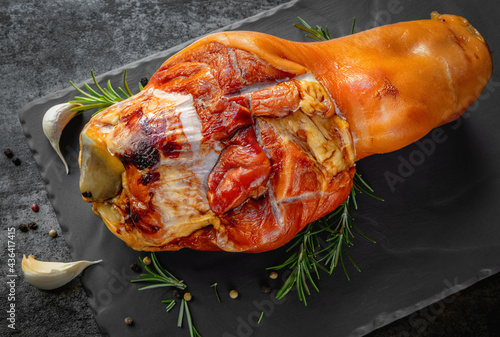 Canvas Print Smoked Ham Hock on Dark Slate with Herbs and Spices
