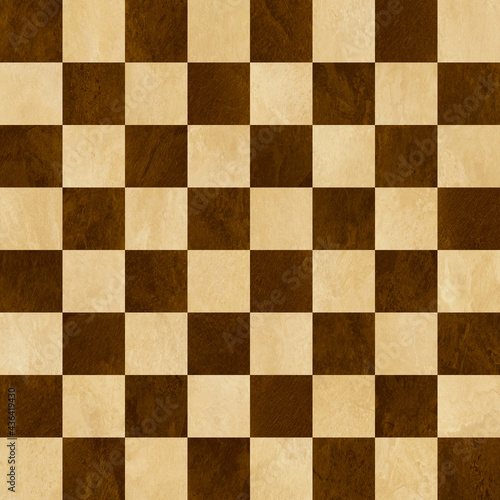 Brown and tan checkered chess board background. Polished marbled stone textured squares. Seamless.