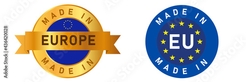 Made in Europe European Union EU label stamp for product manufactured by European company seal golden ribbon and flag