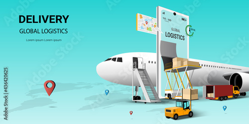 Global logistic  delivery online service on mobile, transportation. Air freight logistics. Online order. airplane, warehouse and parcel box. 3D Perspective Vector illustration