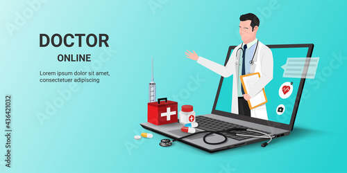 Doctor online on laptop app with male doctor standing. Online medical clinic, online medical consultation, tele medicine. Online healthcare and medical consultation. Digital health concept. 3D vector