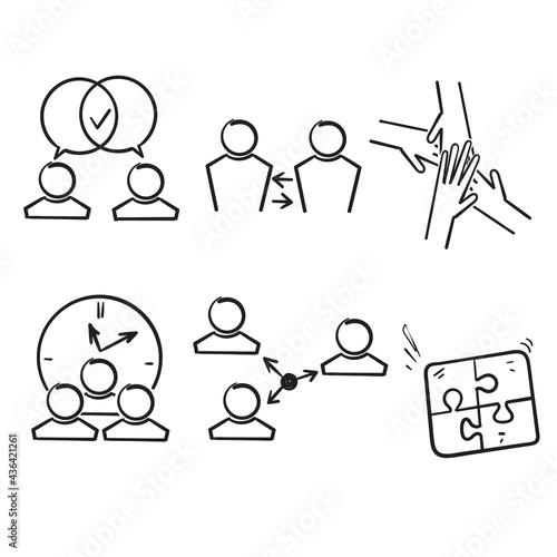 hand drawn doodle Minimal Teamwork in business management icon set illustration vector isolated