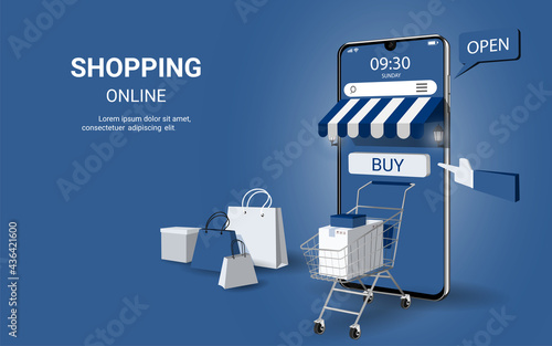 Shopping online on mobile Application. Modern marketing and Digital marketing. e-commerce. online store promotion concept. Use for website, banner and mobile website. 3D vector illustration