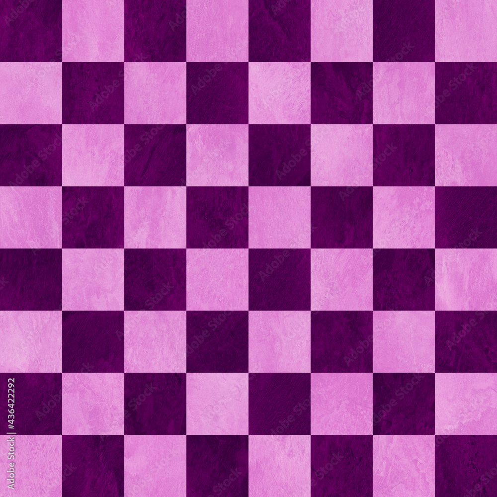 Fototapeta premium Purple and lavender checkered chess board background. Polished marbled stone textured squares. Seamless.