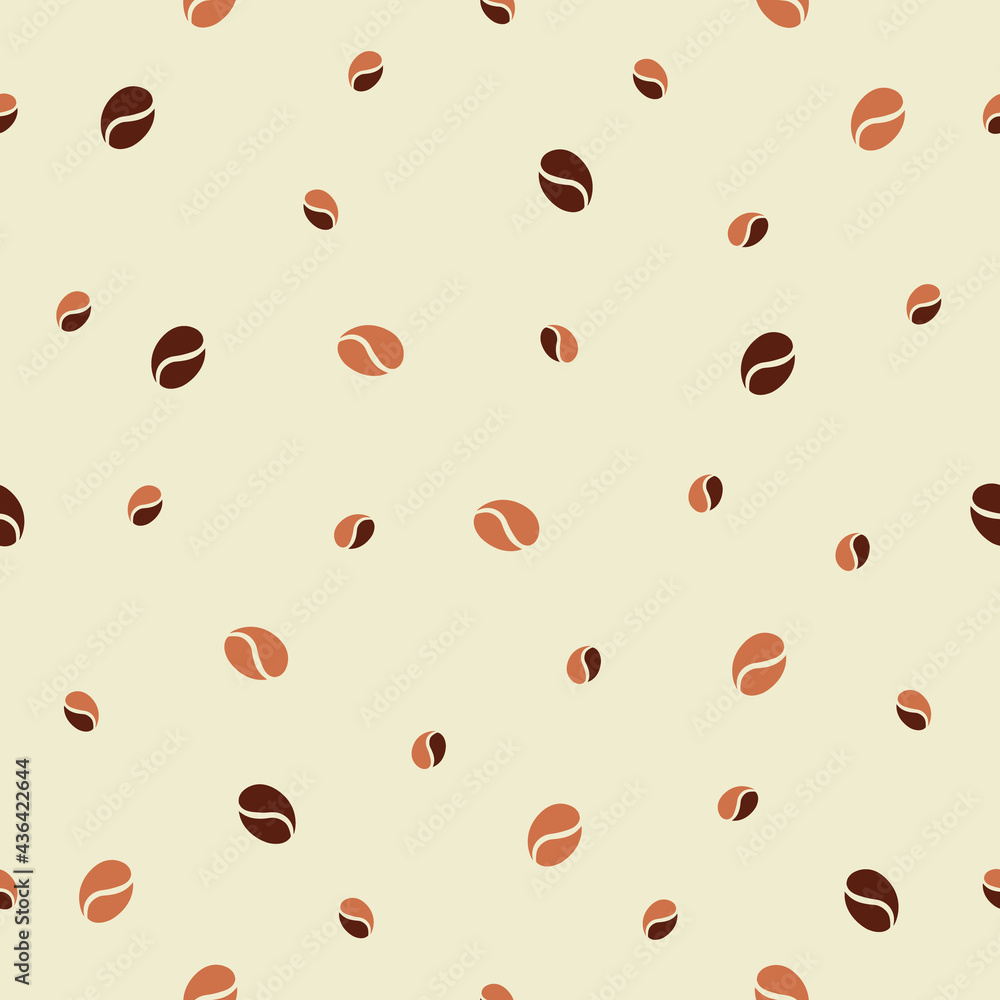 Simple laconic seamless pattern with cute scattered brown coffee beans on a warm light-yellow ivory background Simple laconic seamless pattern with cute scattered brown coffee beans on a warm light-yellow ivory background