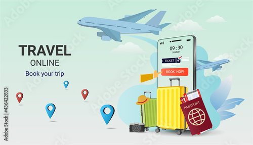 Online booking service app on the smartphone . Travel online ticket. Mobile Application. Internet e-commerce. Trip planning. travel equipment and luggage. Concept for website or mobile app. vector ill