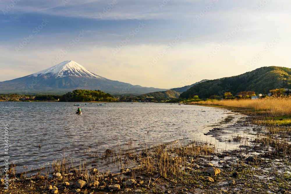 Fishing at kawaguchi lake with Fuji mountain