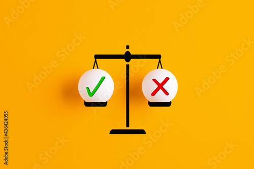 Right and wrong or yes or no symbols are in balance on a scale.