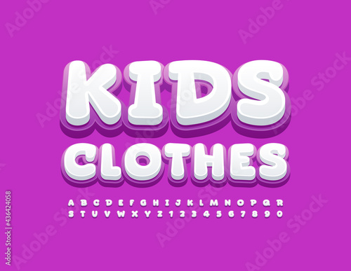 Vector stylish Emblem Kids Clothes. Cute Bright Font. Funny Alphabet Letters and Numbers.