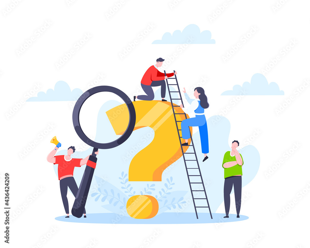 Q and A or FAQ concept with tiny people characters, big question mark, frequently asked questions template. Answers business support concept flat style design vector illustration. - obrazy, fototapety, plakaty 