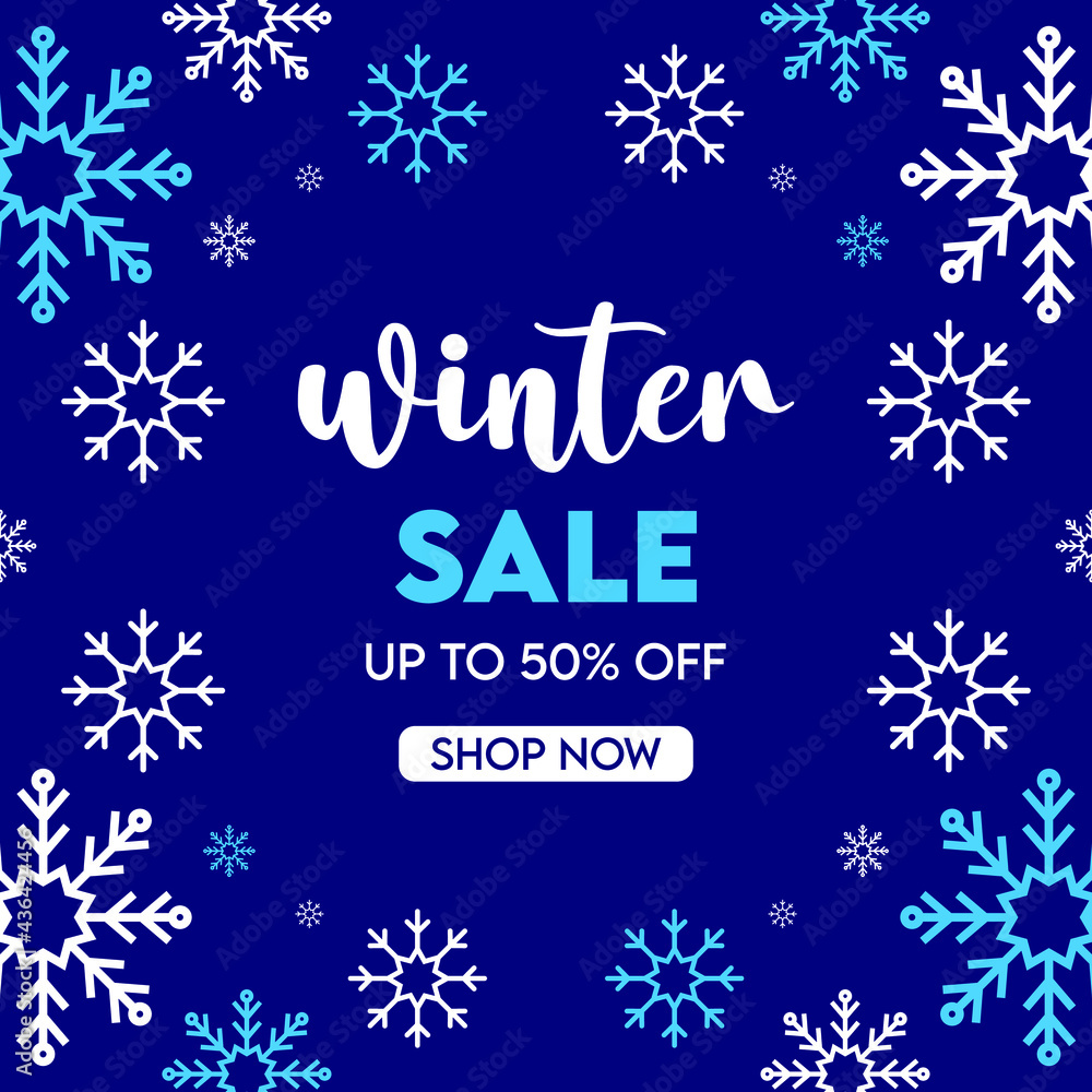 Winter sale text promo with white and blue snowflakes element in dark blue background, winter season advertising concept