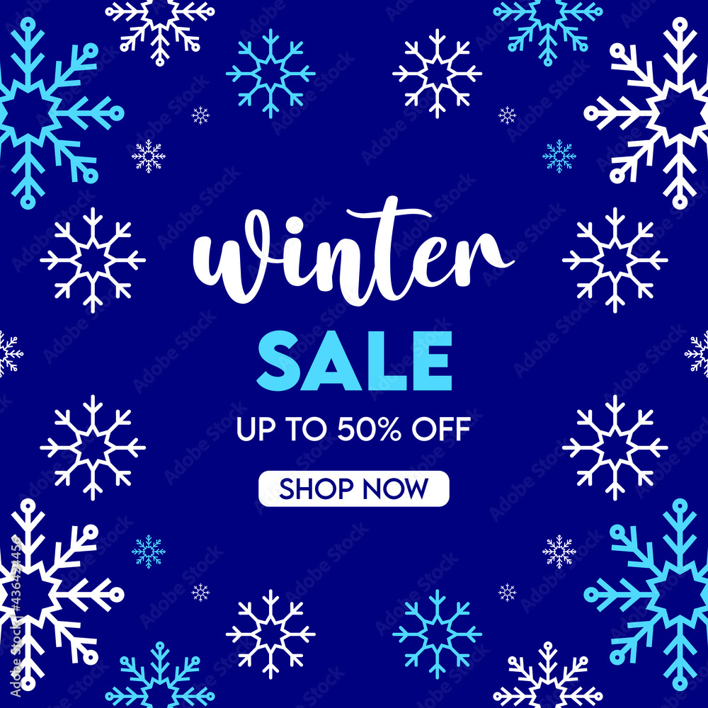 Winter sale text promo with white and blue snowflakes element in dark blue background, winter season advertising concept Winter sale text promo with white and blue snowflakes element in dark blue background, winter season advertising concept