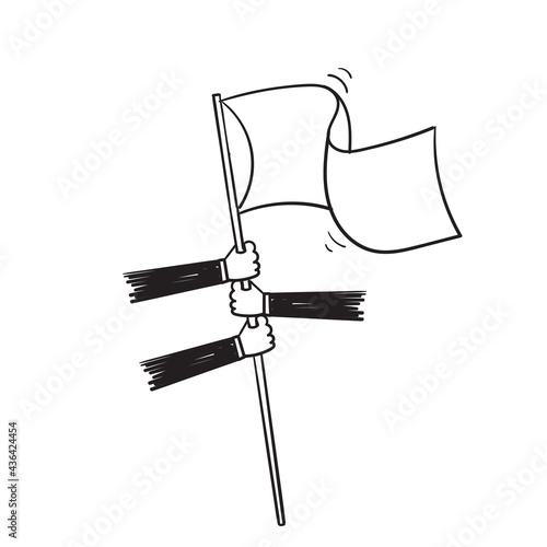 hand drawn doodle hands holding flag illustration symbol for teamwork illustration vector