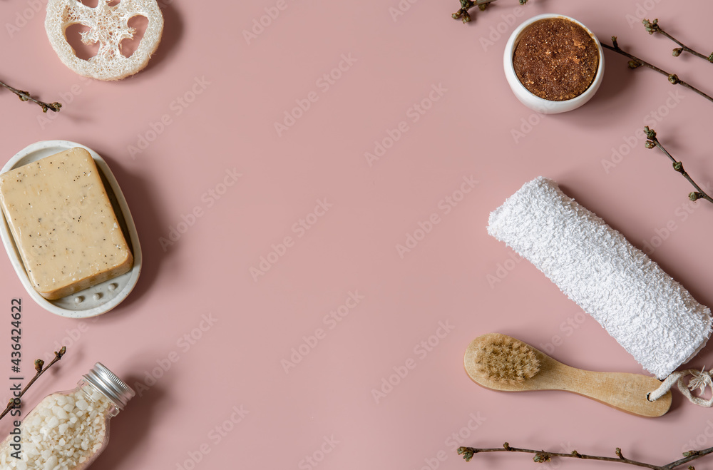Flat lay spa composition with bath accessories for body care copy space. Flat lay spa composition with bath accessories for body care copy space.