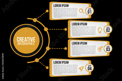 Infographics 4 options or steps circle elements chart black template.Abstract of graph, diagram options, parts or processes.Vector business for presentation.Creative concept for data.
