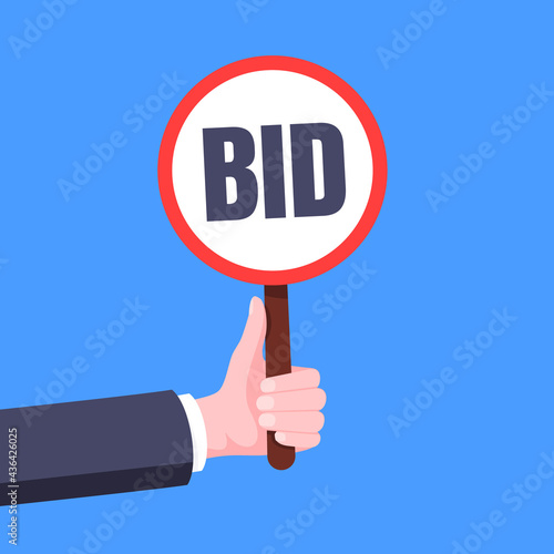 Hand hold round auction bid paddle banner plate sign business concept flat style design vector illustration. Hand holds bid voting paddle.
