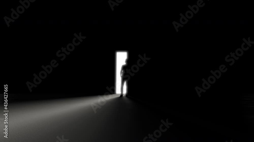 A person stands in front of an open door, rays of light penetrate inside. The door closes in the dark. The concept of a missed chance and a loss of hope. The camera moves further into the darkness.