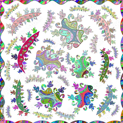 Seamless pattern with interesting doodles on colorfil background. Raster illustration.