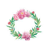 Watercolor wreath of pink peonies and green leaves.Botanical flower frame on white isolated background hand painted. Designs for invitations, cards, social media, t-shirts, packaging, stickers.