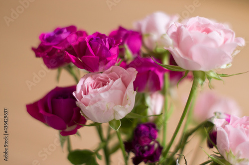 There is a bouquet of pink and red roses. 