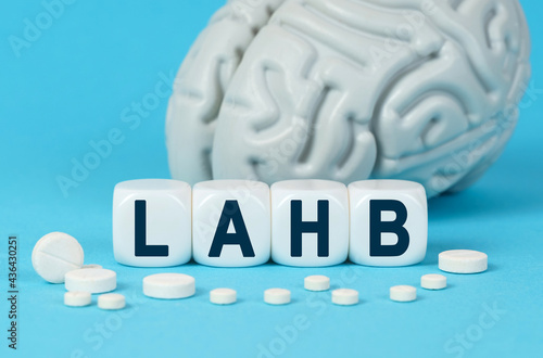 Cubes lie on the table among the pills and imitation of the brain. The text on the dice - LAHB photo