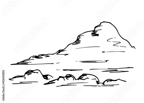 Simple hand-drawn vector drawing in black outline. Ink sketch. Mountain, rocky, desert area, wild landscape, nature. Tourism and travel.