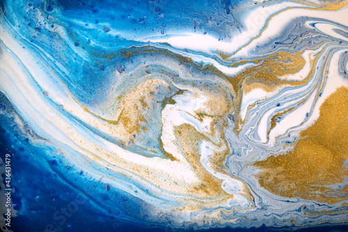 Ocean style marble liquid background. Blue and gold texture.
