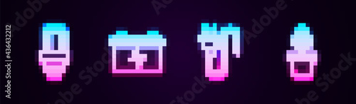 Set line LED light bulb, Car battery, Electric plug and Plant in pot. Glowing neon icon. Vector
