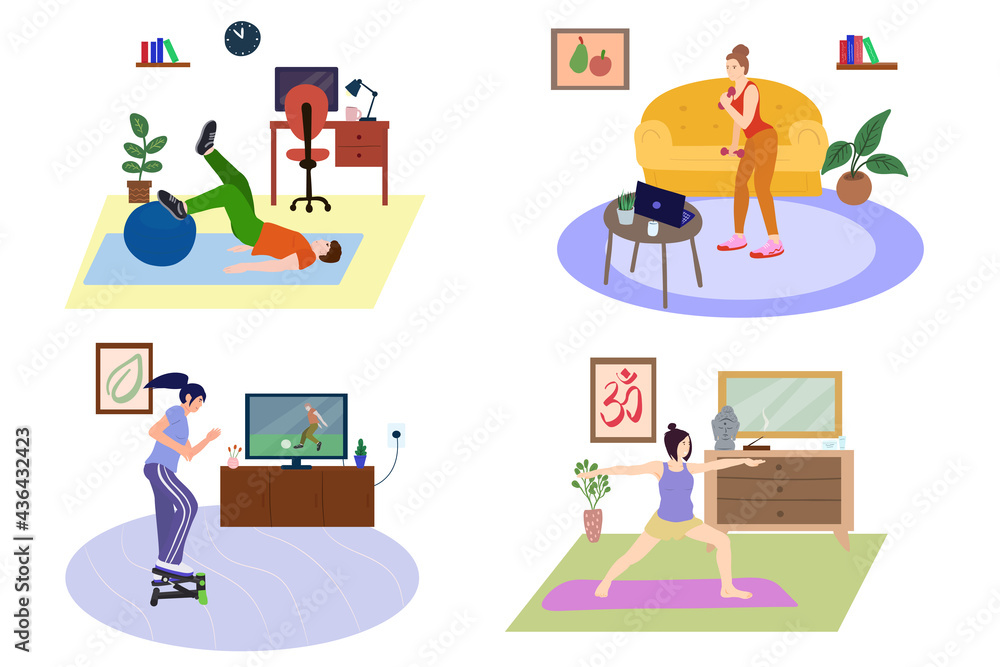 People do sports at home set. Yoga, stepper, dumbbells, gymnastic ball. Fitness at home online.Sports at home. People do sports at home set. Yoga, stepper, dumbbells, gymnastic ball. Fitness at home online.Sports at home.