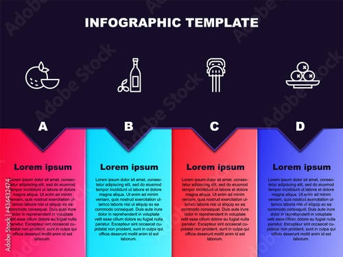 Set line Orange fruit, Bottle of olive oil, Peineta and Olives on plate. Business infographic template. Vector