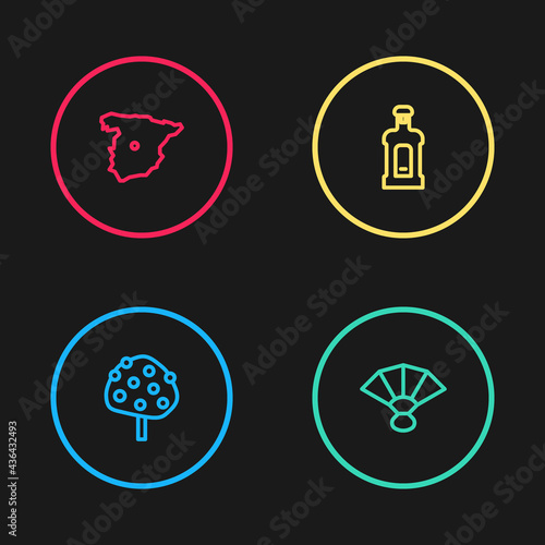 Set line Orange tree, Fan flamenco, Orujo and Map of Spain icon. Vector