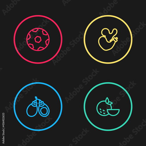 Set line Castanets, Orange fruit, Spanish wineskin and Football ball icon. Vector