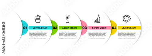 Set line Sangria pitcher, Windmill, Bottle of olive oil and Sun. Business infographic template. Vector