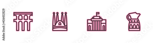 Set line Aqueduct of Segovia, Prado museum, Sagrada Familia and Sangria pitcher icon. Vector