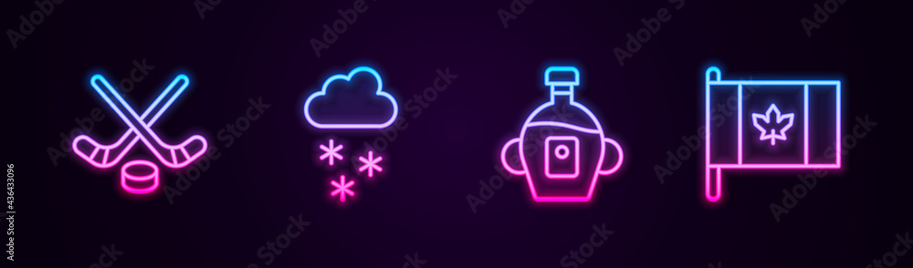 Set line Ice hockey sticks and puck, Cloud with snow, Maple syrup and Flag of Canada. Glowing neon icon. Vector Set line Ice hockey sticks and puck, Cloud with snow, Maple syrup and Flag of Canada. Glowing neon icon. Vector
