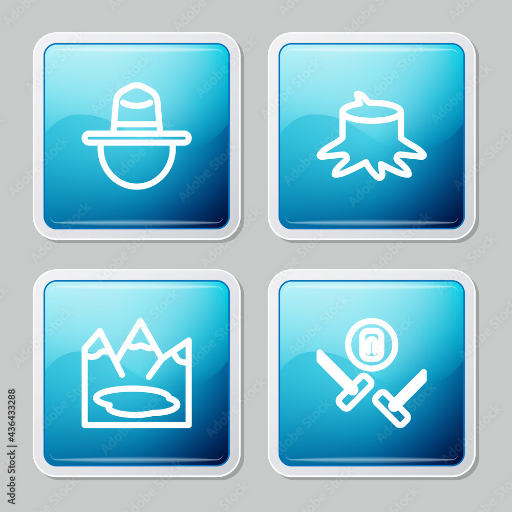 Set line Canadian ranger hat, Tree stump, lake and Curling sport game icon. Vector Set line Canadian ranger hat, Tree stump, lake and Curling sport game icon. Vector