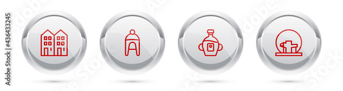 Set line House, Winter hat, Maple syrup and Montreal Biosphere. Silver circle button. Vector