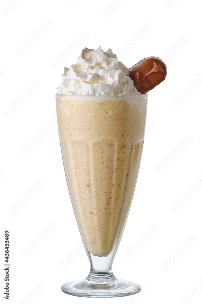 Milkshake with whipped cream and chocolate bar isolated on white Milkshake with whipped cream and chocolate bar isolated on white
