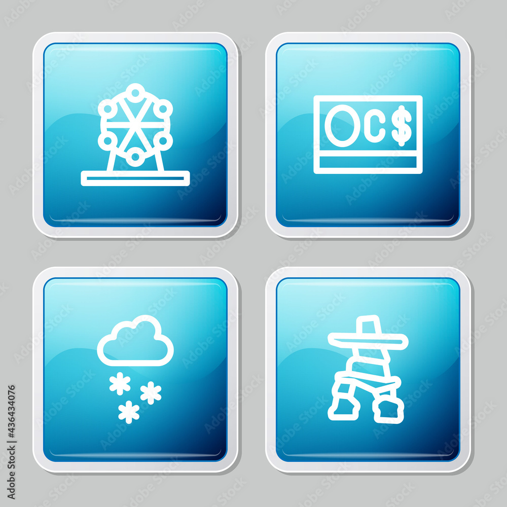Set line Ferris wheel, Canadian dollar, Cloud with snow and Inukshuk icon. Vector Set line Ferris wheel, Canadian dollar, Cloud with snow and Inukshuk icon. Vector
