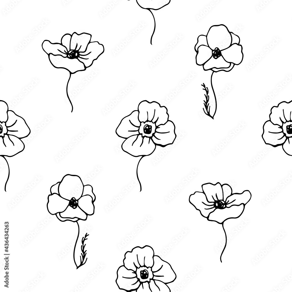 Seamless floral pattern. Hand drawn doodle outline. Floral and nature themes. Vector illustration. Ideal for your design for wallpapers, wrappers, textiles.
