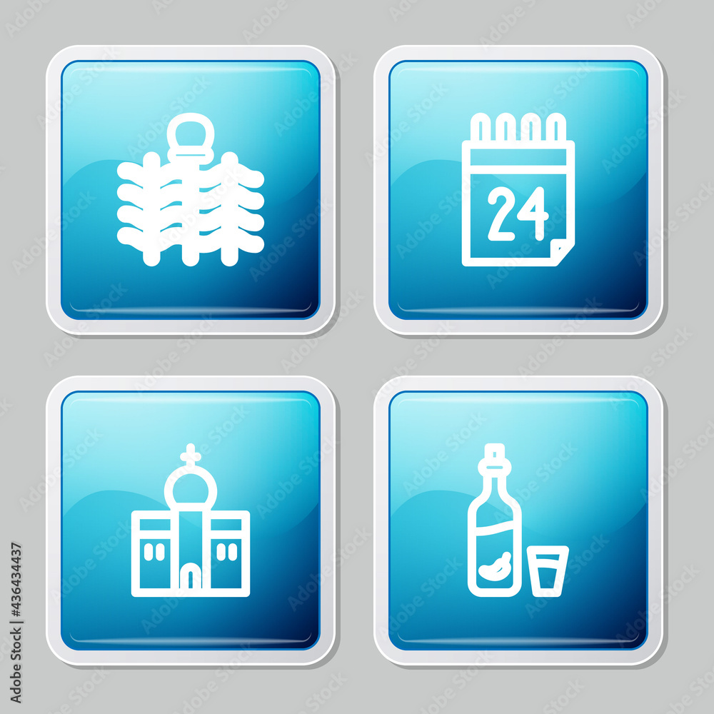Set line Wicker fence, Independence day of Ukraine, Church building and Vodka with pepper and glass icon. Vector Set line Wicker fence, Independence day of Ukraine, Church building and Vodka with pepper and glass icon. Vector