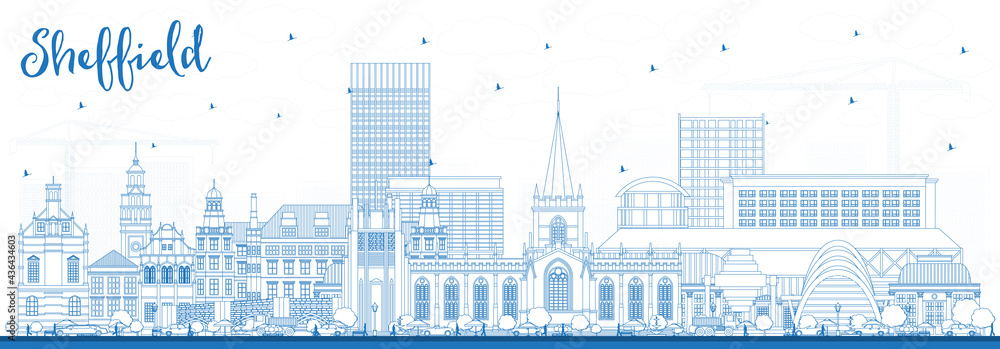 Outline Sheffield UK City Skyline with Blue Buildings.
