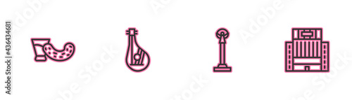 Set line Glass with vodka, Monument of Independence, Bandura and Hotel Ukraina building icon. Vector