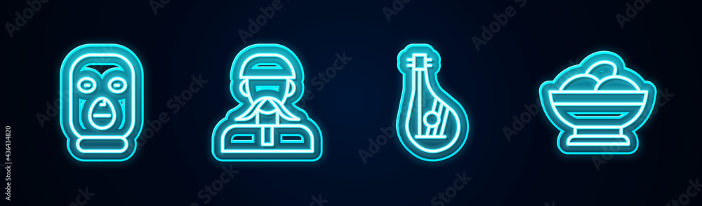 Set line Thief mask, Ukrainian cossack, Bandura and Varenyky bowl. Glowing neon icon. Vector Set line Thief mask, Ukrainian cossack, Bandura and Varenyky bowl. Glowing neon icon. Vector