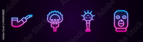 Set line Smoking pipe, Dumplings on fork, Mace and Thief mask. Glowing neon icon. Vector